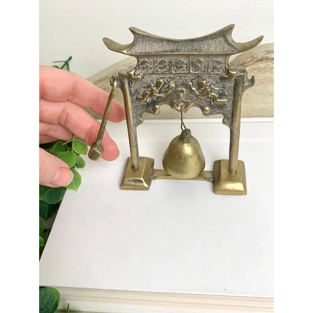 Vintage Lobeco Brass Pagoda Gong Miniature Bell With Striker Chinoiserie Decor